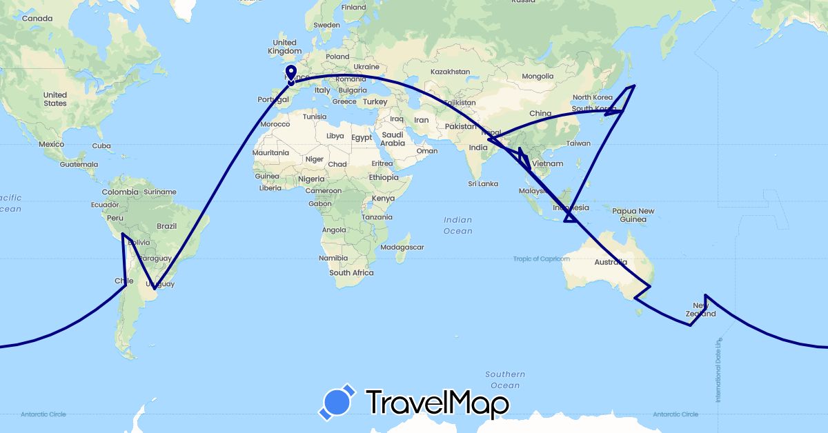 TravelMap itinerary: driving in Argentina, Australia, Bolivia, Chile, France, Indonesia, India, Japan, Myanmar (Burma), New Zealand, Peru, Thailand (Asia, Europe, Oceania, South America)